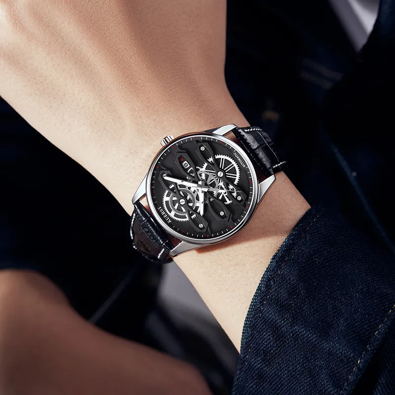 KUERST Automatic Mechanical Movement Cow Leather Strap Watch Men's Watches Blue Dial-7