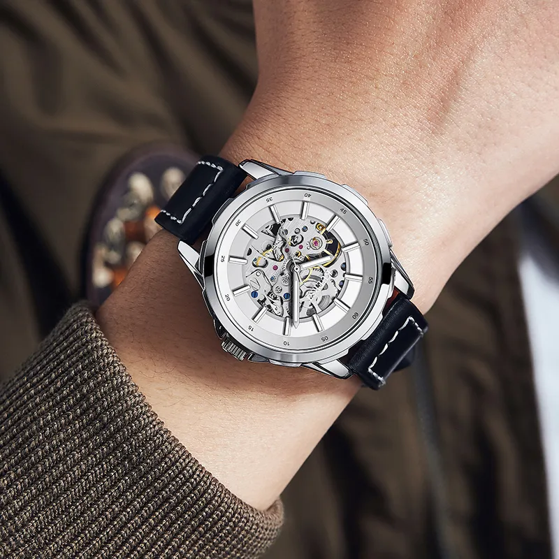 KUERST Automatic Mechanical Movement Genuine Leather Strap Watch Men's Watches White Dial-3