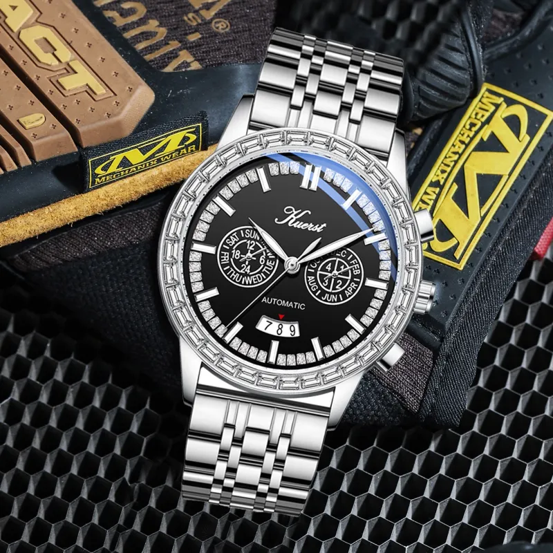 KUERST Automatic Mechanical Movement Steel Strap Watch Men's Watches White Dial-13