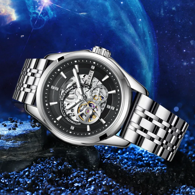 KUERST Automatic Mechanical Movement Steel Strap Watch Men's Watches Cut Out Dial-16