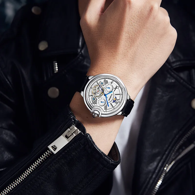 KUERST Mechanical Movement Cow Leather Strap Watch Men's Watches White Dial-1