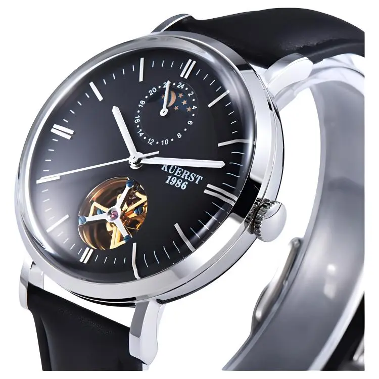 KUERST Automatic Mechanical Movement Cow Leather Strap Watch Unisex White Dial-3