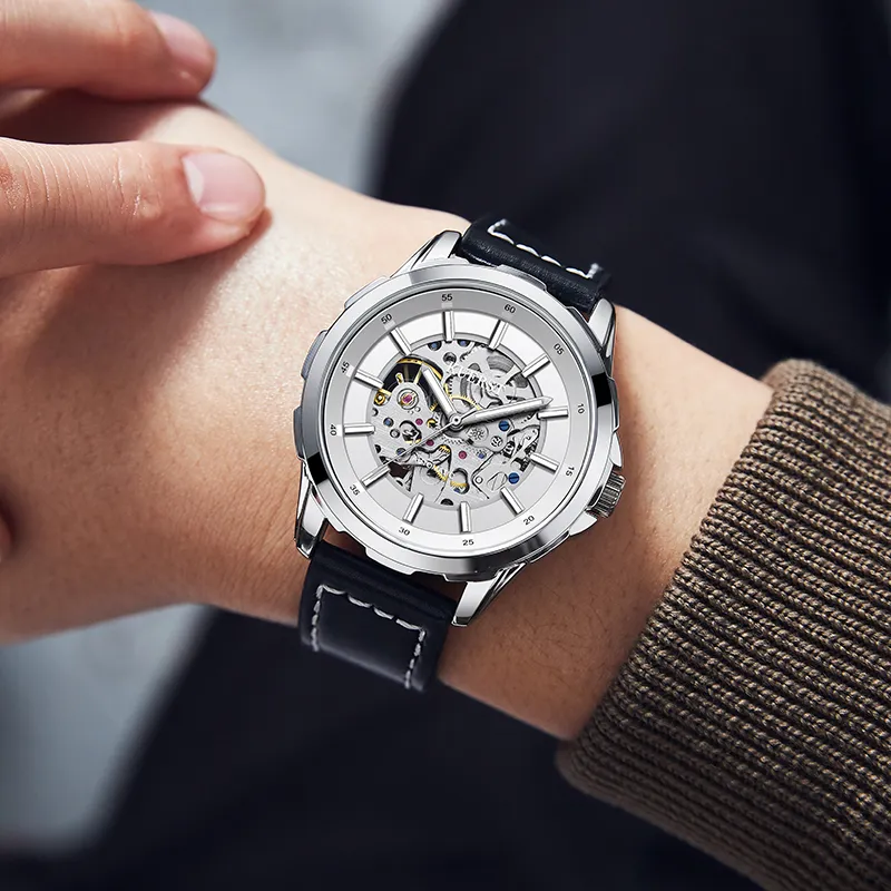 KUERST Automatic Mechanical Movement Genuine Leather Strap Watch Men's Watches White Dial-1