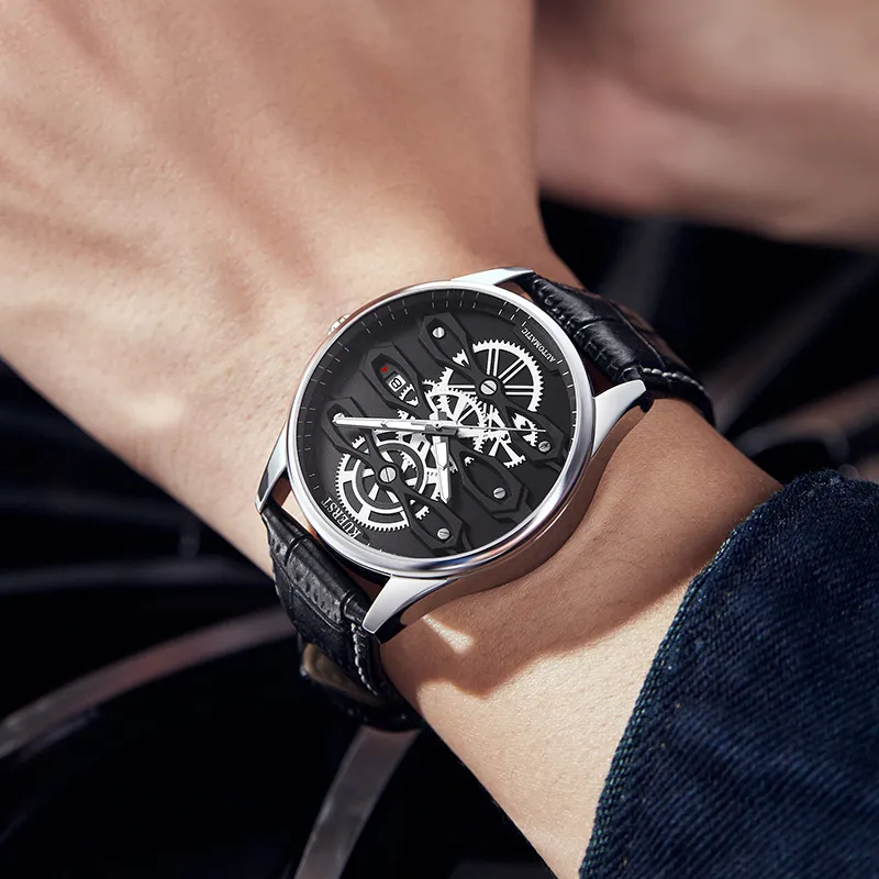 KUERST Automatic Mechanical Movement Cow Leather Strap Watch Men's Watches Blue Dial-6