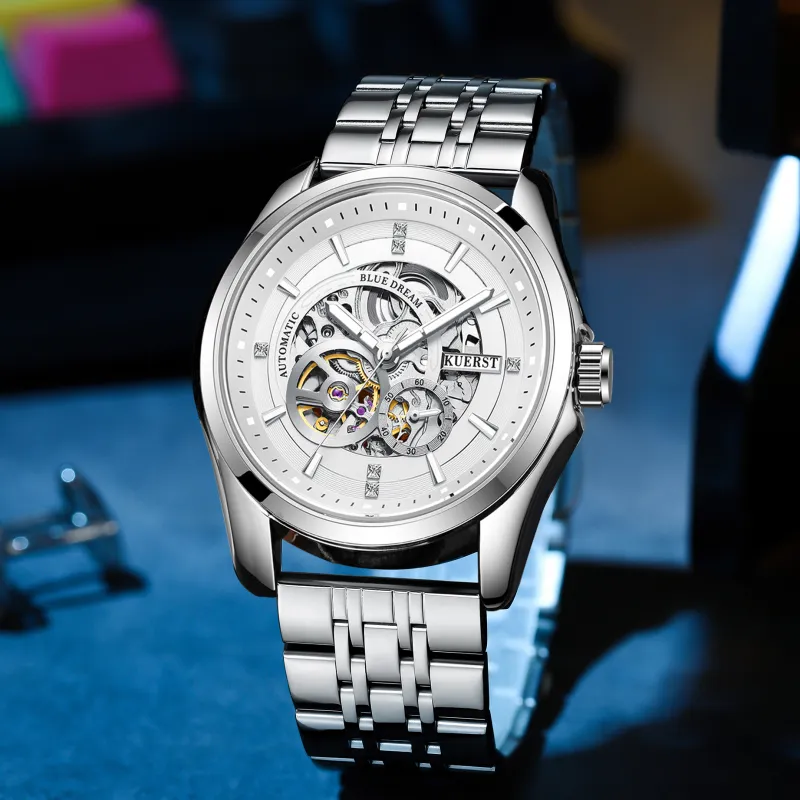 KUERST Automatic Mechanical Movement Steel Strap Watch Men's Watches Cut Out Dial-2