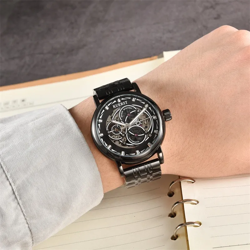 KUERST Automatic Mechanical Movement Steel Strap Watch Men's Watches Gold Dial-13