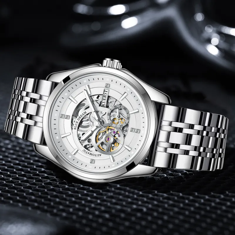 KUERST Automatic Mechanical Movement Steel Strap Watch Men's Watches Cut Out Dial-1