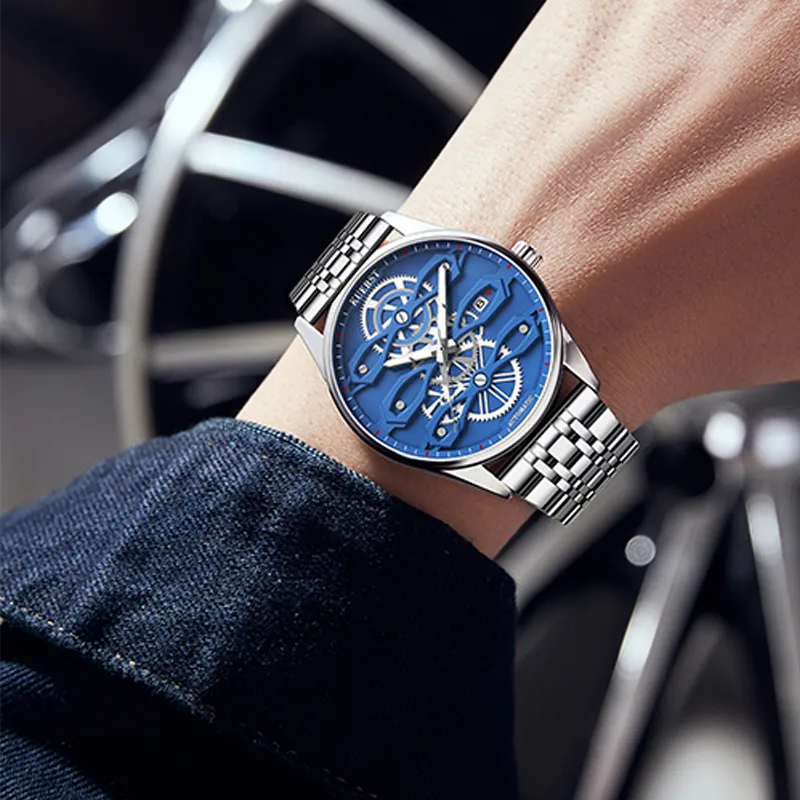 KUERST Automatic Mechanical Movement Steel Strap Watch Men's Watches Blue Dial-5