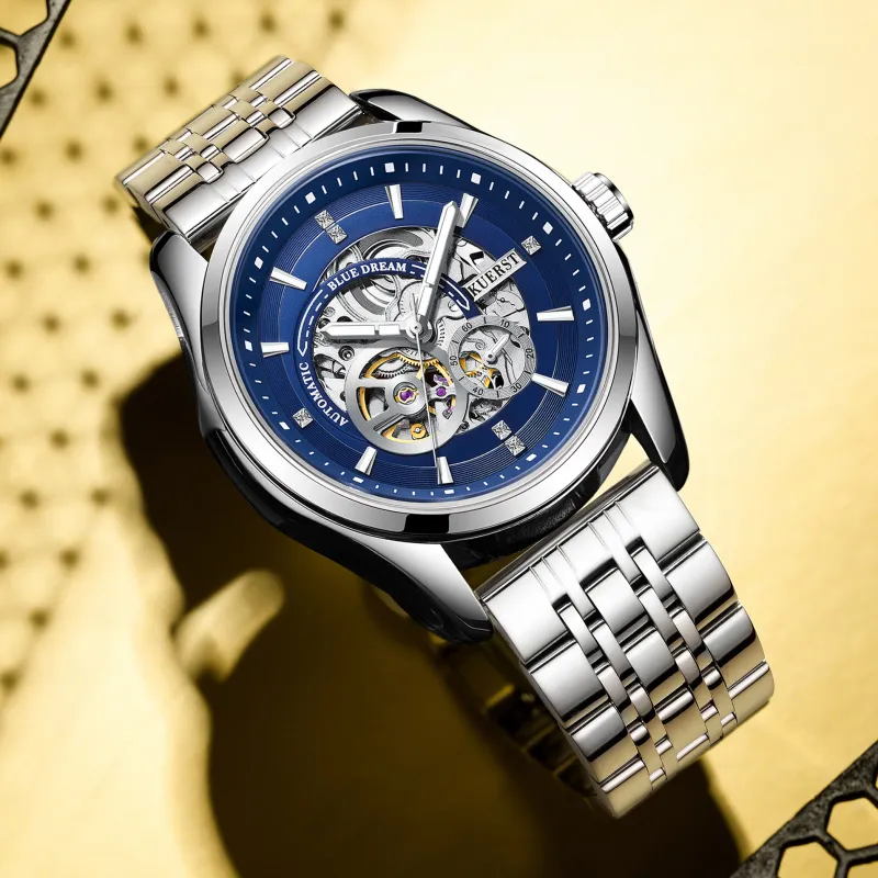 KUERST Automatic Mechanical Movement Steel Strap Watch Men's Watches Cut Out Dial-9