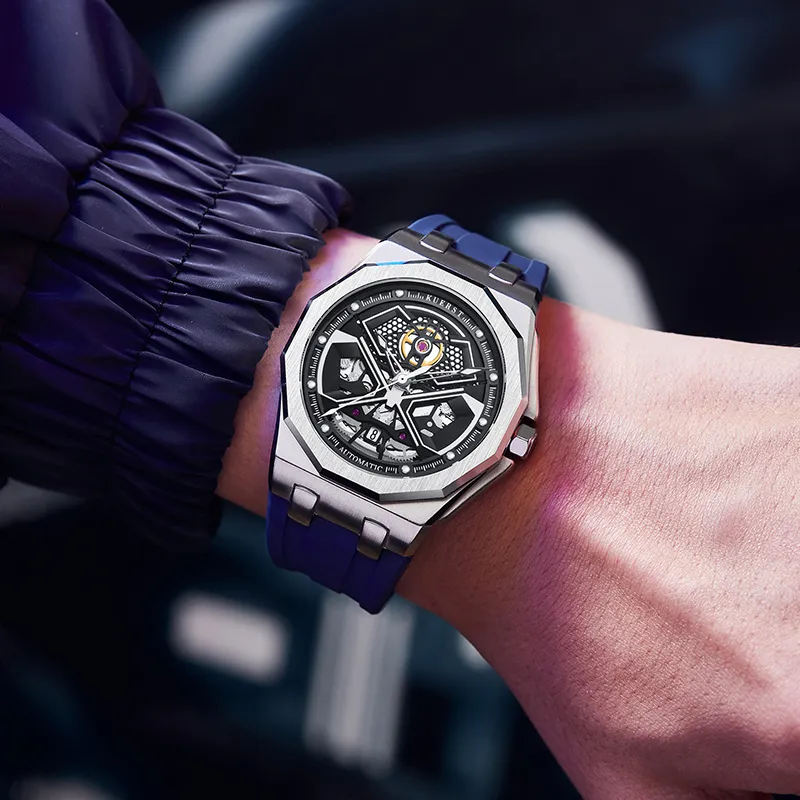 KUERST Automatic Mechanical Movement Rubber Strap Watch Men's Watches Black Dial-5