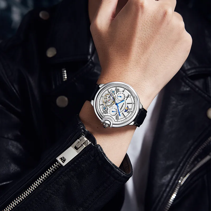 KUERST Mechanical Movement Cow Leather Strap Watch Men's Watches White Dial-18