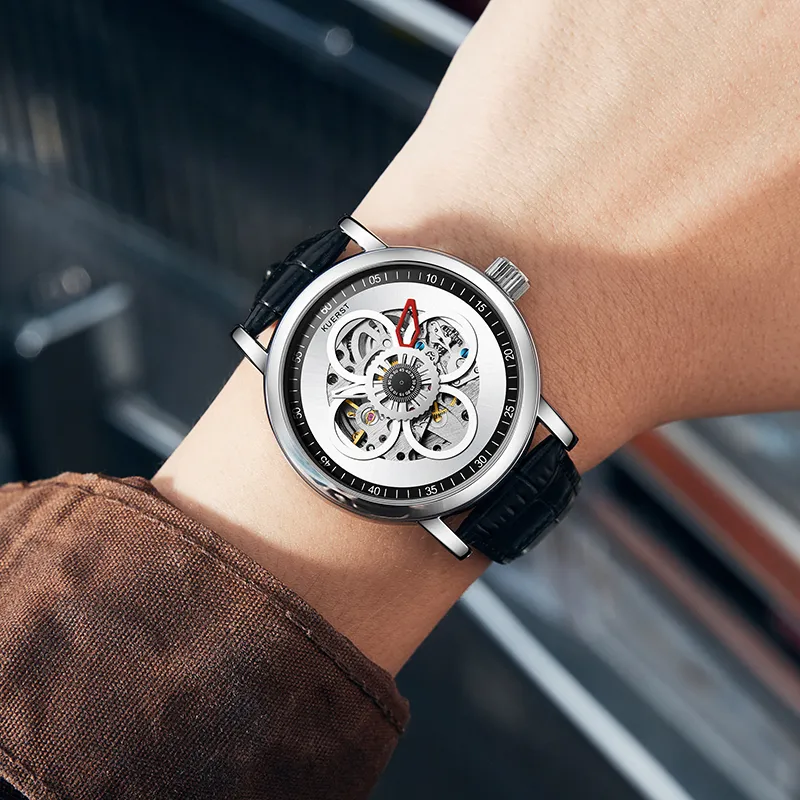 KUERST Automatic Mechanical Movement Genuine Leather Strap Watch Men's Watches White Dial-2