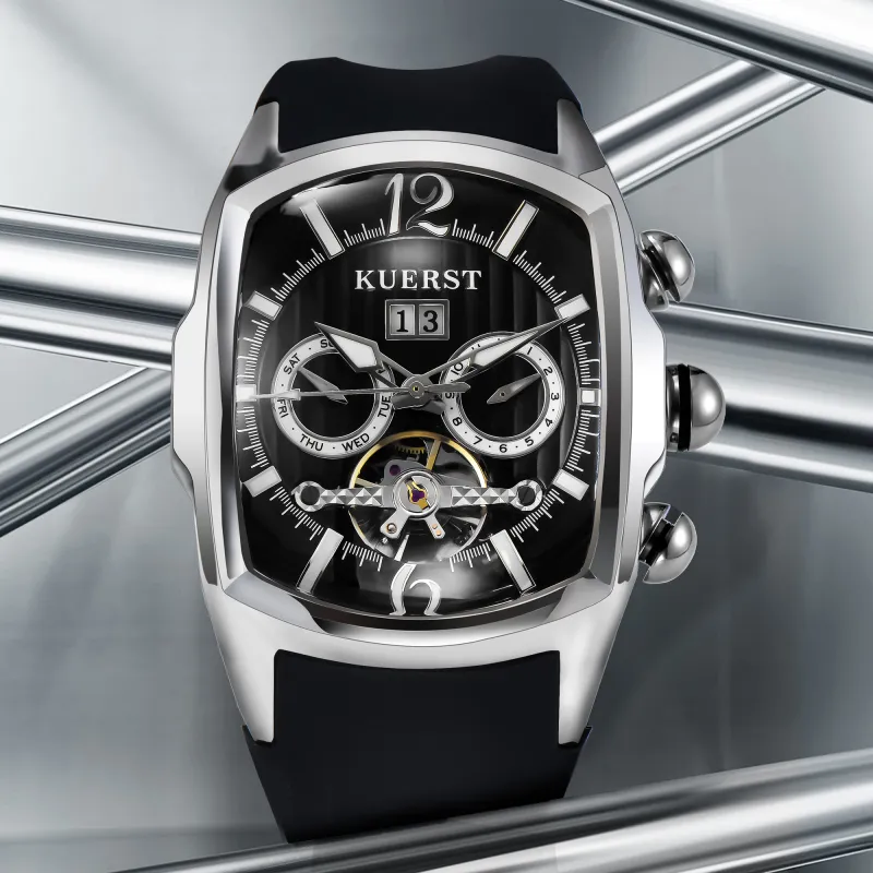 KUERST Automatic Mechanical Movement Rubber Strap Watch Men's Watches Black Dial-12