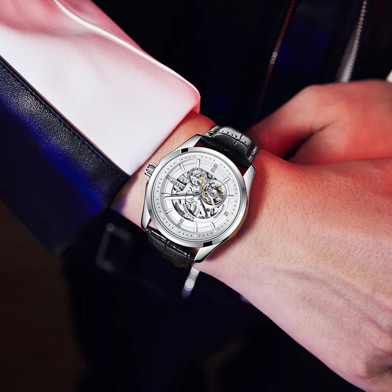 KUERST Automatic Mechanical Movement Genuine Leather Strap Men's Watches White Dial-1