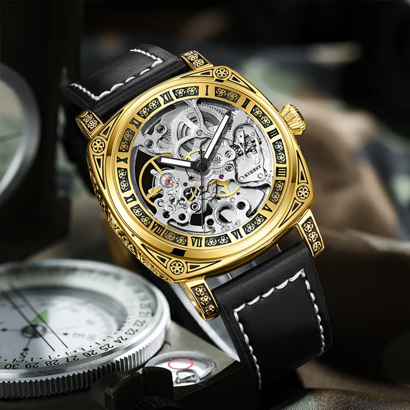 KUERST Automatic Mechanical Movement Cow Leather Strap Watch Men's Watches White Dial-7