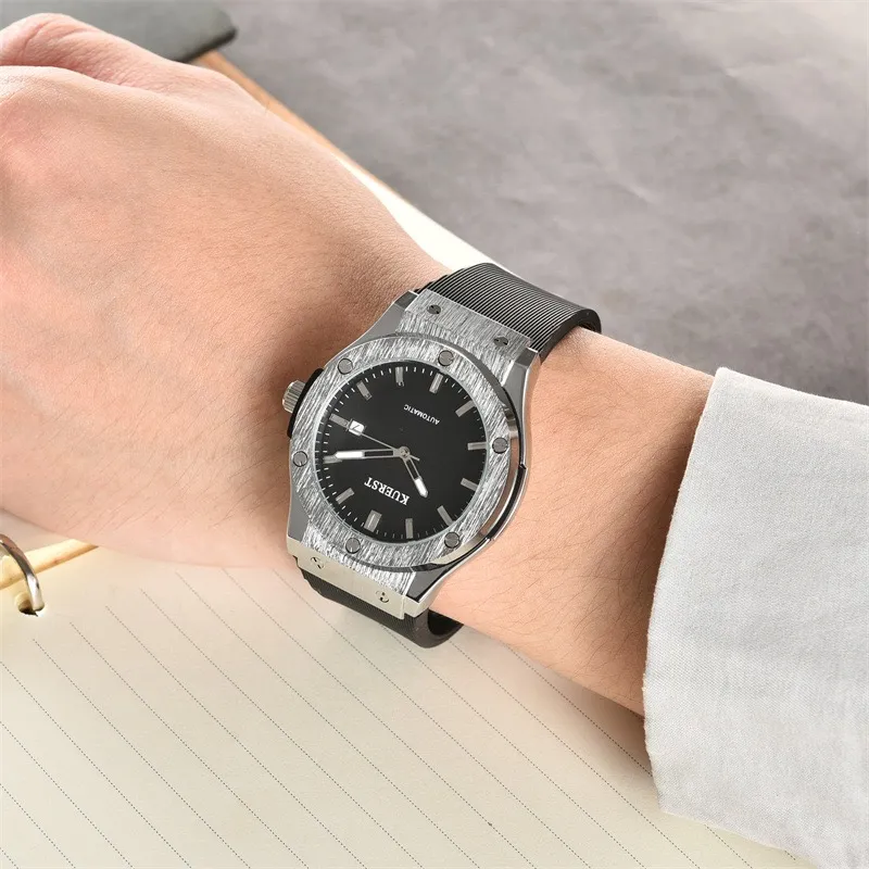 KUERST Automatic Mechanical Movement Rubber Strap Watch Men's Watches Black Dial-1