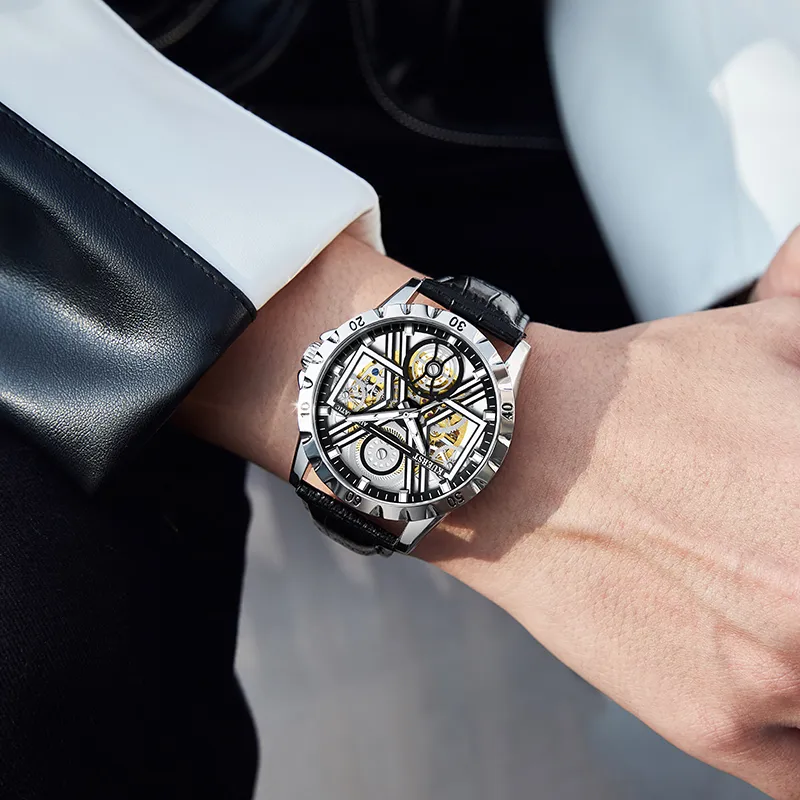 KUERST Automatic Mechanical Movement Genuine Leather Strap Watch Men's Watches White Dial-5