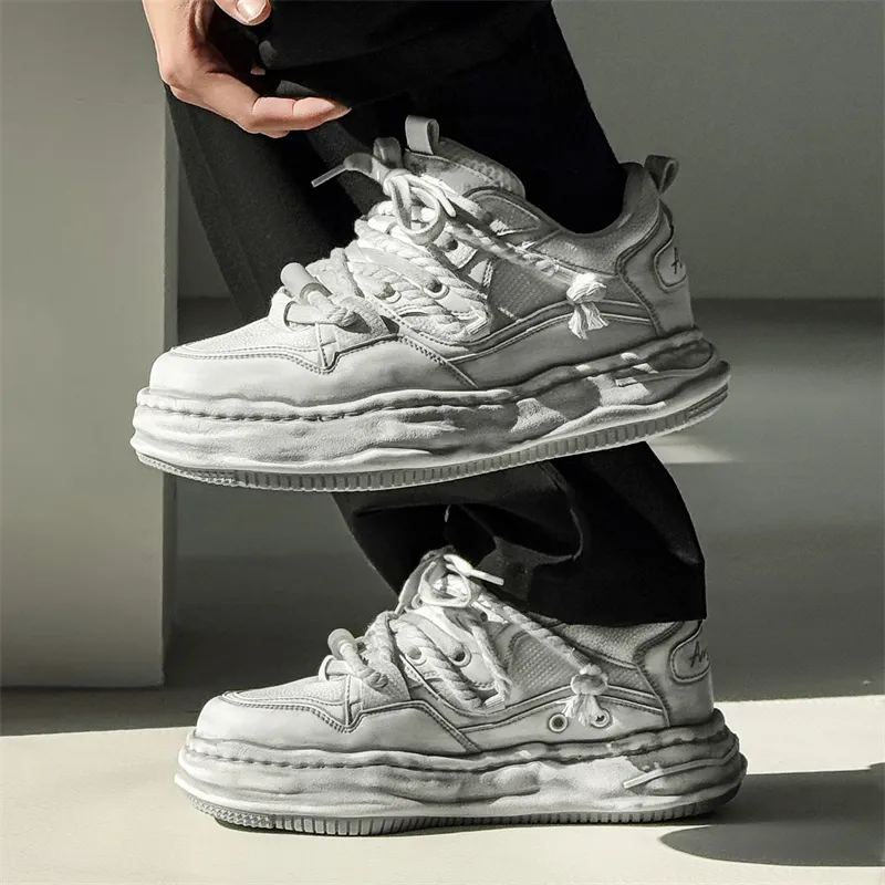 ΛOLUNKΛ Height Increasing Moisture Wicking Low Top Skateboard Shoes Unisex Distressed White-4