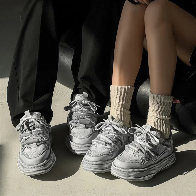 ΛOLUNKΛ Height Increasing Moisture Wicking Low Top Skateboard Shoes Unisex Distressed White-5