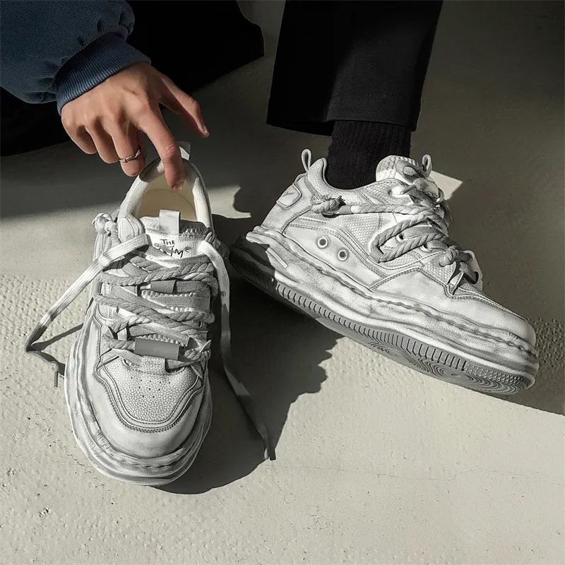 ΛOLUNKΛ Height Increasing Moisture Wicking Low Top Skateboard Shoes Unisex Distressed White-1