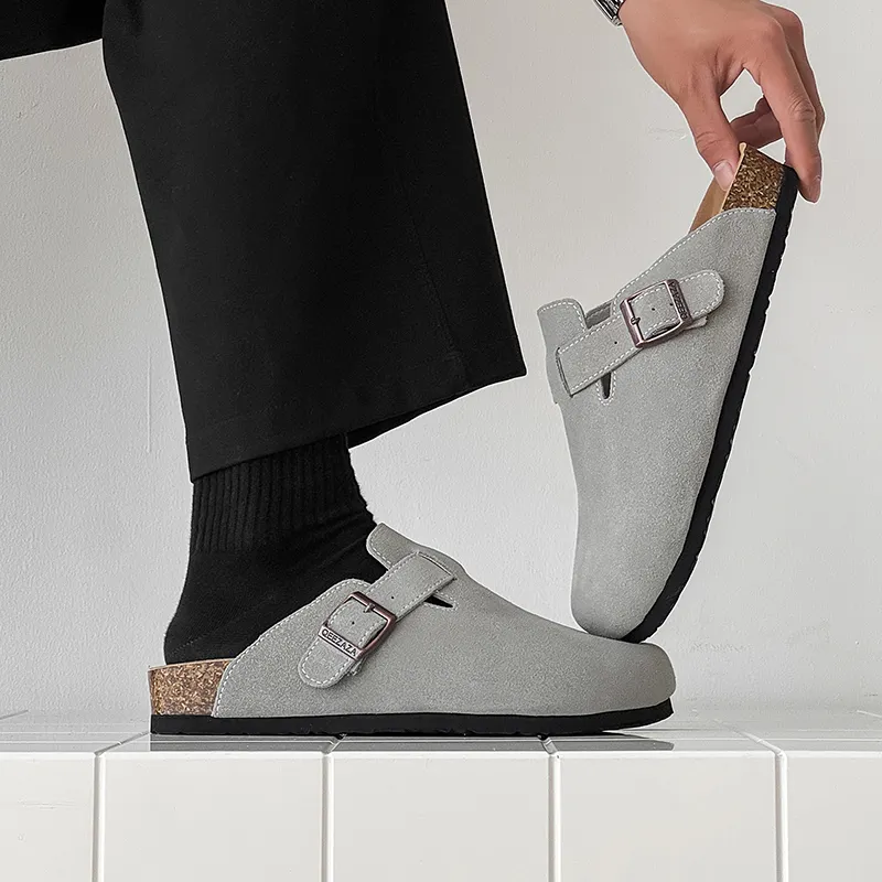 ΛOLUNKΛ Cork Sole Odor Resistant Abrasion Resistant Slip Resistant Closed Toe Slippers Unisex Gray-3