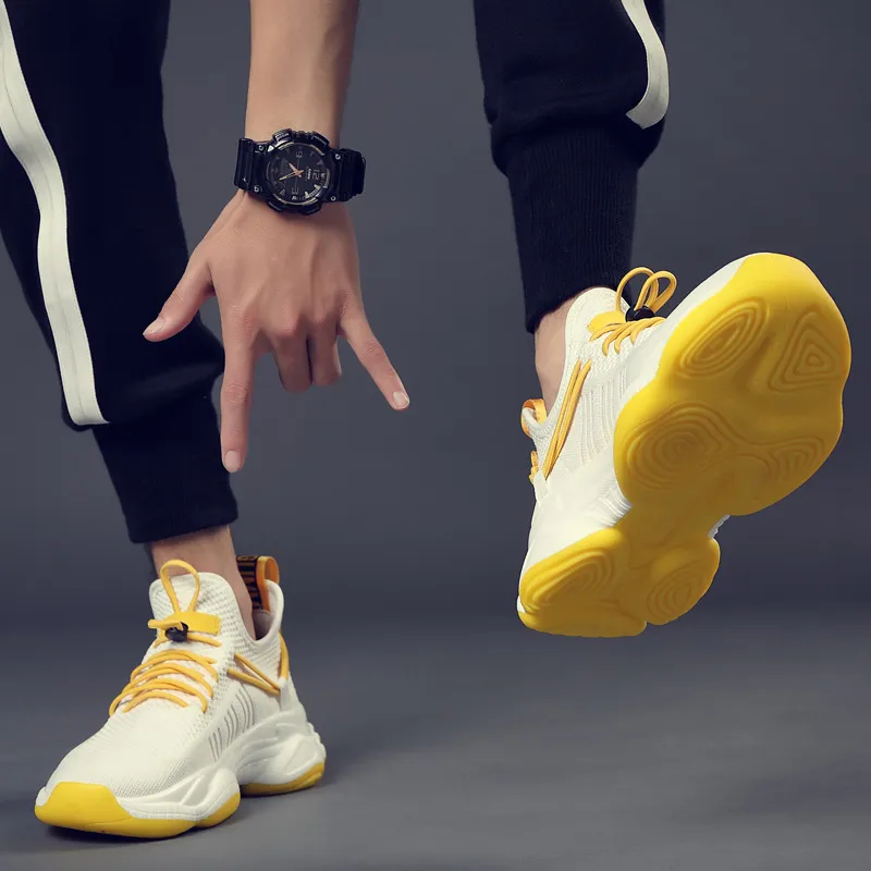 ΛOLUNKΛ Breathable Moisture Wicking Supportive Height Increasing Low Top Chunky Sneakers Men's Yellow With White Base-7