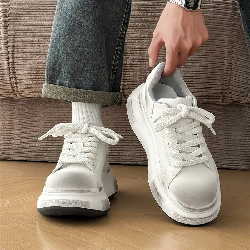 ΛOLUNKΛ Anti Slip And Wear Resistant Height Increasing Low Top Casual Shoes Unisex Polished White-1