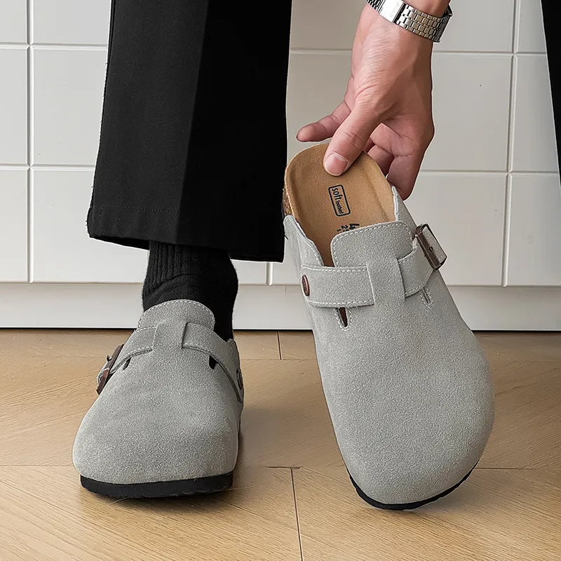 ΛOLUNKΛ Cork Sole Odor Resistant Abrasion Resistant Slip Resistant Closed Toe Slippers Unisex Gray-1