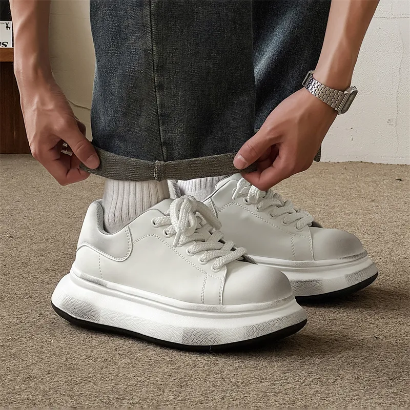 ΛOLUNKΛ Anti Slip And Wear Resistant Height Increasing Low Top Casual Shoes Unisex Polished White-3