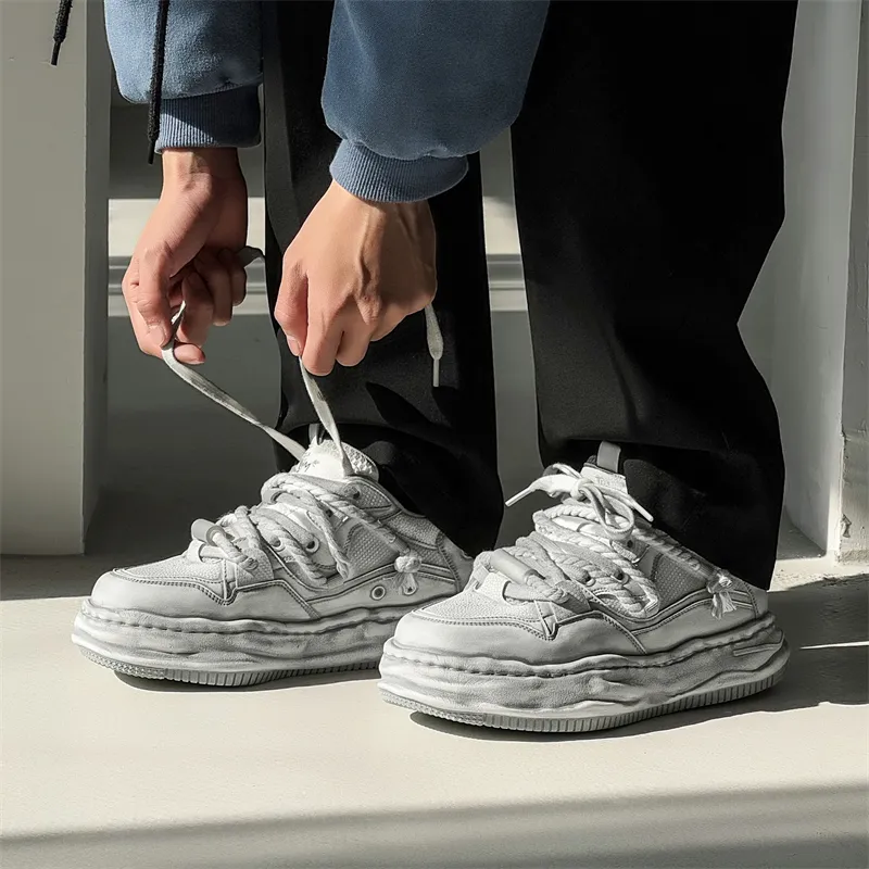 ΛOLUNKΛ Height Increasing Moisture Wicking Low Top Skateboard Shoes Unisex Distressed White-2