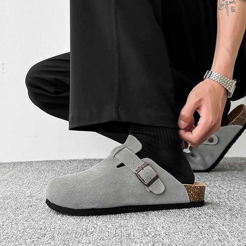 ΛOLUNKΛ Cork Sole Odor Resistant Abrasion Resistant Slip Resistant Closed Toe Slippers Unisex Gray-5