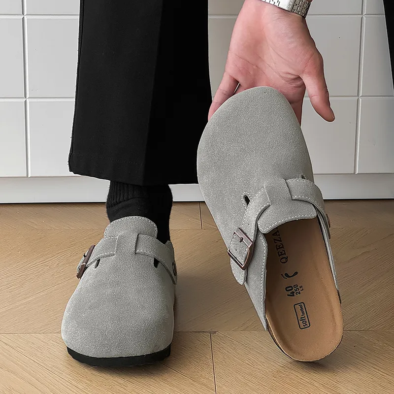 ΛOLUNKΛ Cork Sole Odor Resistant Abrasion Resistant Slip Resistant Closed Toe Slippers Unisex Gray-2