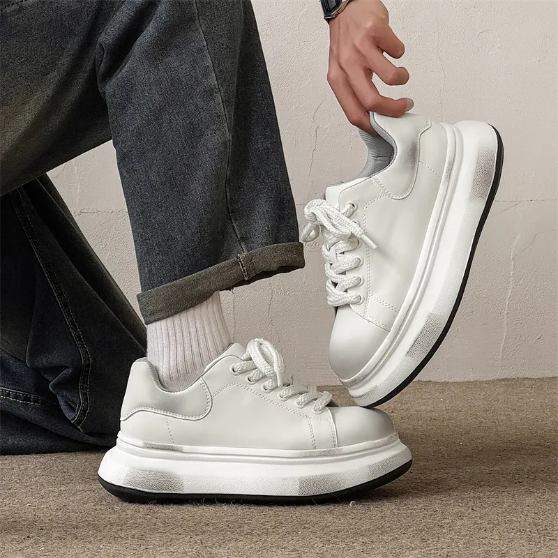 ΛOLUNKΛ Anti Slip And Wear Resistant Height Increasing Low Top Casual Shoes Unisex Polished White-2