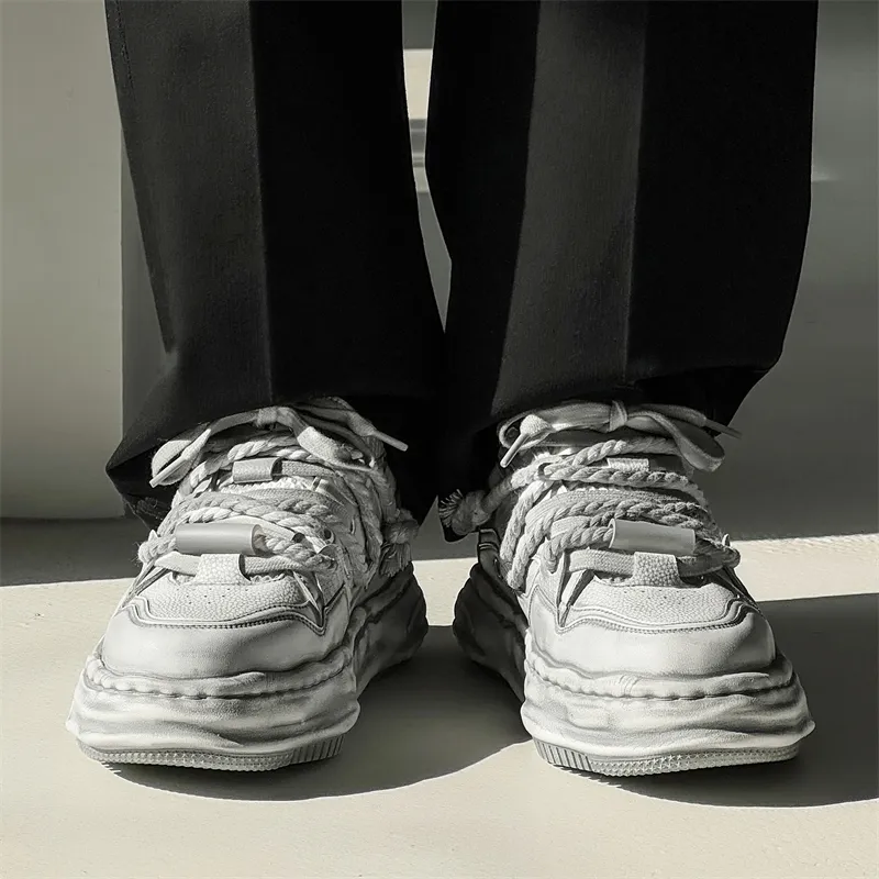 ΛOLUNKΛ Height Increasing Moisture Wicking Low Top Skateboard Shoes Unisex Distressed White-3