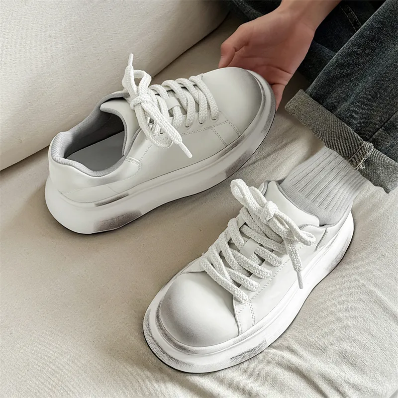 ΛOLUNKΛ Anti Slip And Wear Resistant Height Increasing Low Top Casual Shoes Unisex Polished White-5