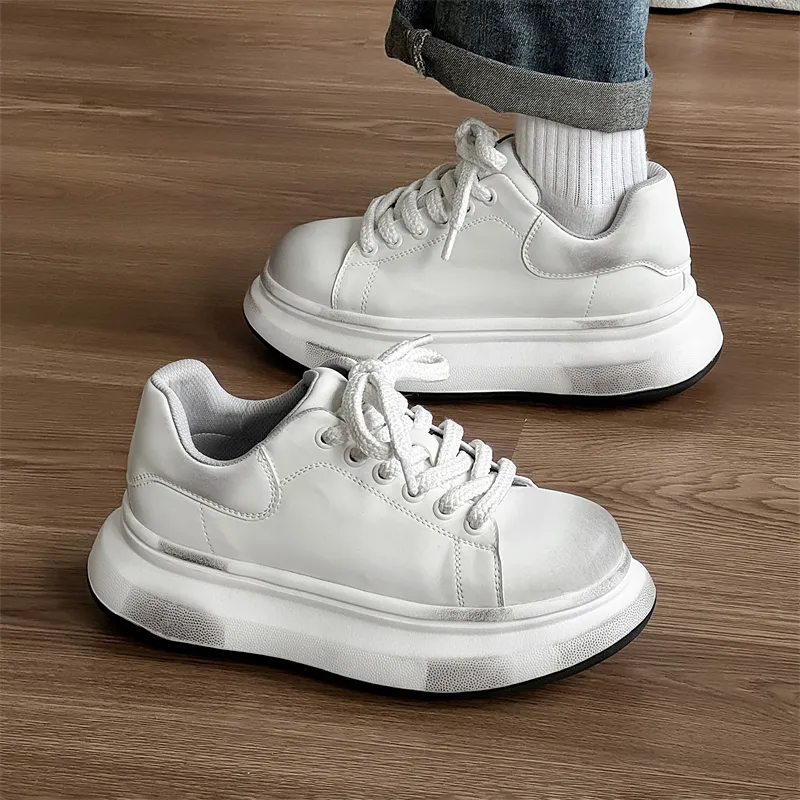 ΛOLUNKΛ Anti Slip And Wear Resistant Height Increasing Low Top Casual Shoes Unisex Polished White-4
