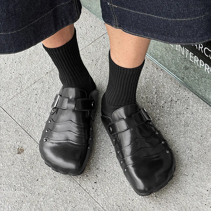 Ignition Rubber Sole Stud Stitching Abrasion Resistant Slip Resistant Closed Toe Slippers Unisex Black-4