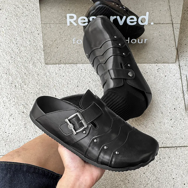 Ignition Rubber Sole Stud Stitching Abrasion Resistant Slip Resistant Closed Toe Slippers Unisex Black-3