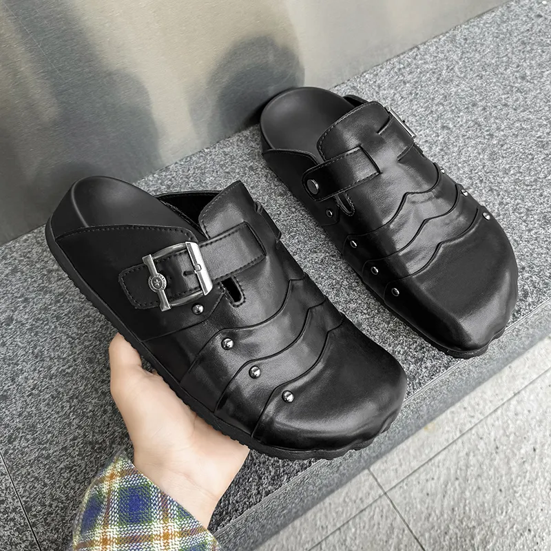 Ignition Rubber Sole Stud Stitching Abrasion Resistant Slip Resistant Closed Toe Slippers Unisex Black-1