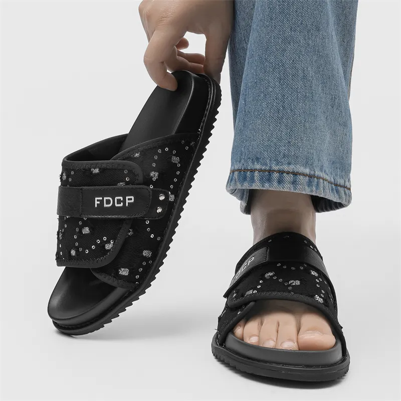 Ignition Stitching Sequins Slip Resistant Abrasion Resistant Slide Slippers Men's Black-6