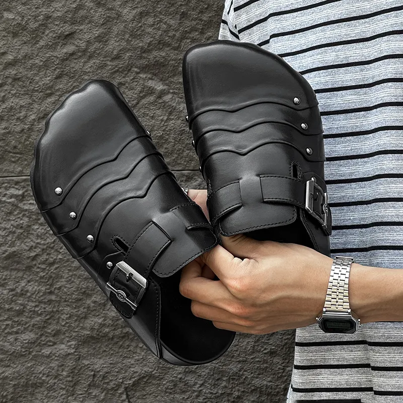 Ignition Rubber Sole Stud Stitching Abrasion Resistant Slip Resistant Closed Toe Slippers Unisex Black-6