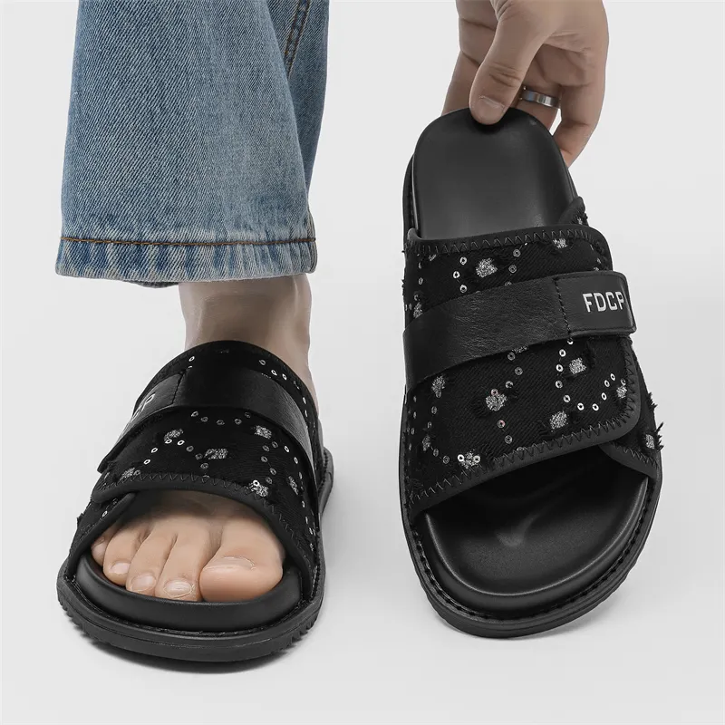 Ignition Stitching Sequins Slip Resistant Abrasion Resistant Slide Slippers Men's Black-5