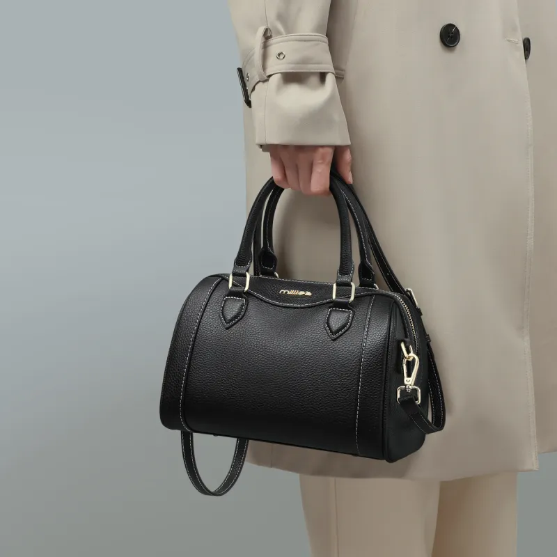 MILLIE'S Cow Leather With Synthetic Leather Handbag, Shoulder Bag, Boston Bag Regular Women's Black/Gray-2