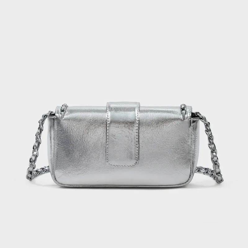 MILLIE'S Cow Leather Patchwork Synthetic Leather One Shoulder Chain Saddle Bag Crossbody Bag Regular Women's Silver-3