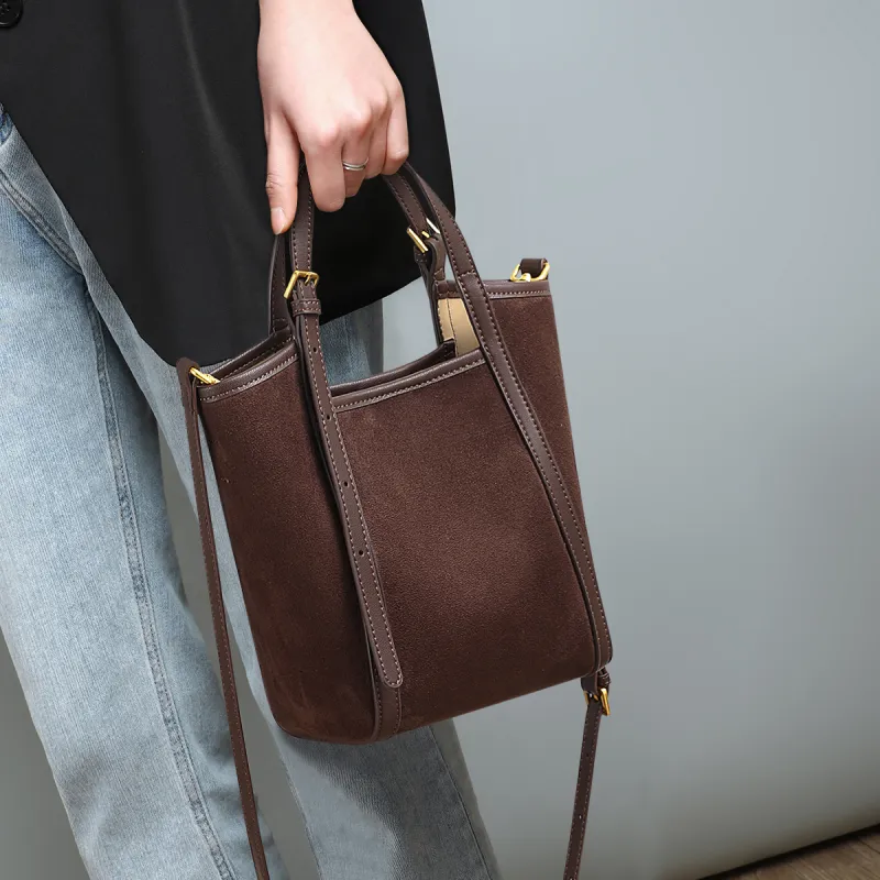 MILLIE'S Cow Leather Basket Bag, Bucket Bag, Shoulder Bag, Crossbody Bag, Handbag Regular Women's Coffee/Gold Brown-1