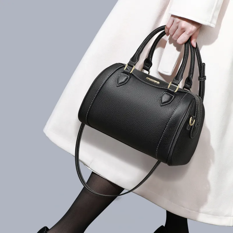 MILLIE'S Cow Leather With Synthetic Leather Handbag, Shoulder Bag, Boston Bag Regular Women's Black/Gray-1