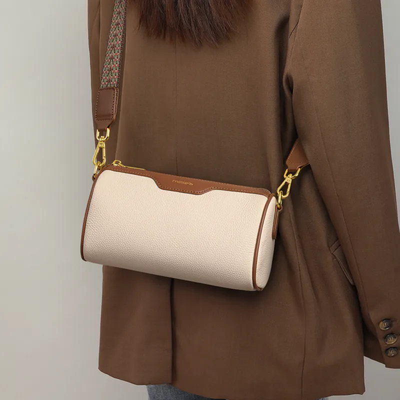 MILLIE'S Cow Leather With Synthetic Leather Shoulder Bag, Crossbody Bag, Cylinder Bag Regular Women's White & Brown-1