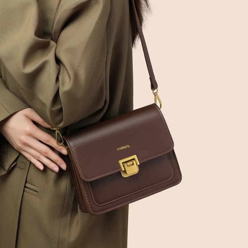 MILLIE'S Cow Leather Shoulder Bag Crossbody Bag Tofu Bag Small Square Bag Regular Women's Coffee-2