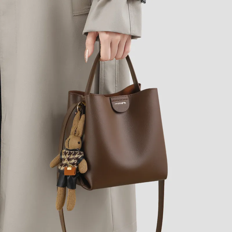 MILLIE'S Cow Leather Handbag Bucket Bag Regular Women's Tea Brown/Coffee Brown-6