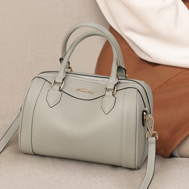 MILLIE'S Cow Leather With Synthetic Leather Handbag, Shoulder Bag, Boston Bag Regular Women's Black/Gray-11